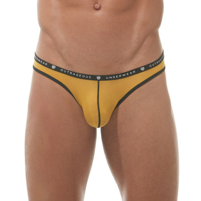 Close up of yellow Bubble G'homme thong showing the branded waistband and smooth supportive pouch