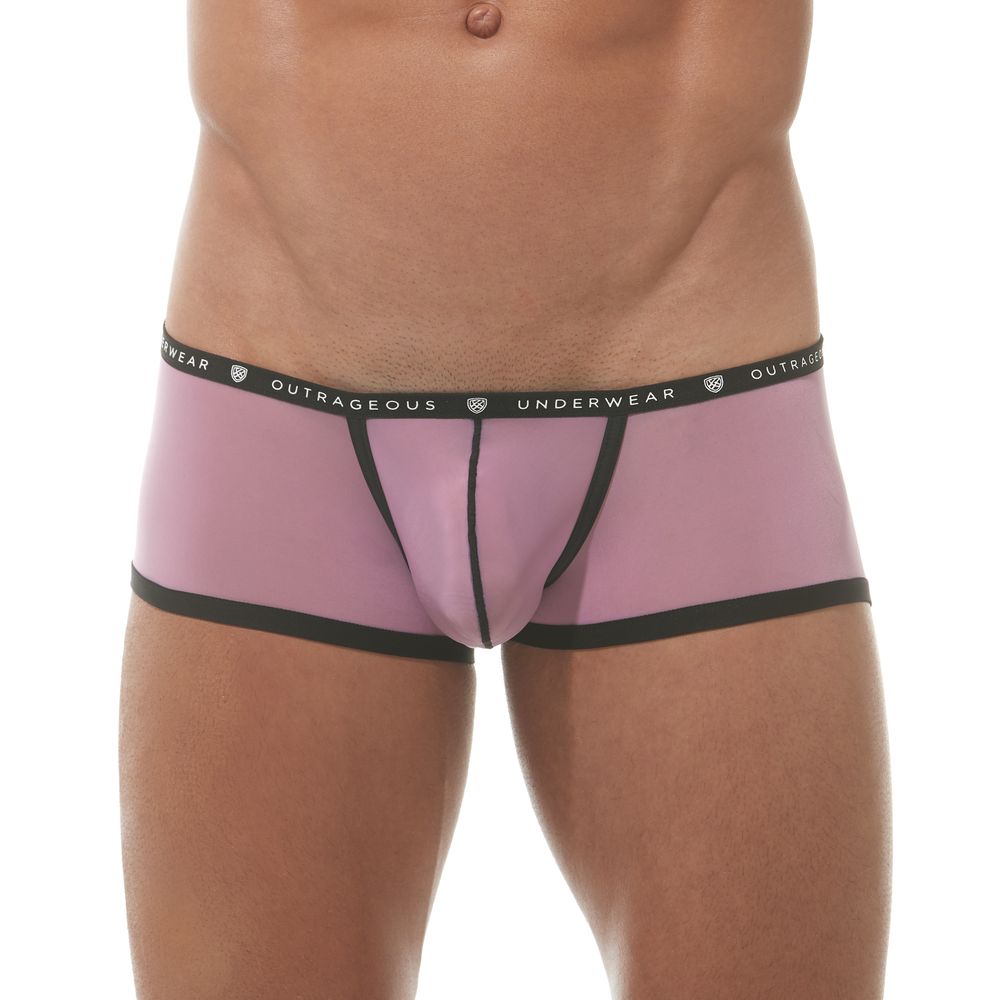 Close up of pink Bubble G'homme boxer briefs showing the branded waistband and pouch
