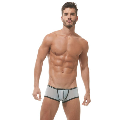 Front view of a model wearing the soft sky blue Bubble G'homme boxer briefs