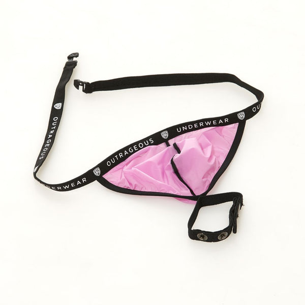 Close up of pink Bubble G'homme pouch with integrated cockring feature and branded waistband