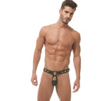 Front view of a model wearing the black leather Charnel thong