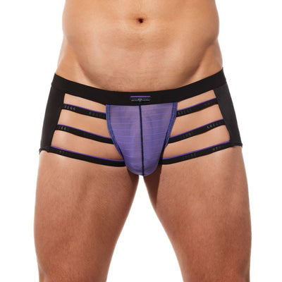 Close up of purple Rise Up boxer briefs showing the pouch and logo waistband