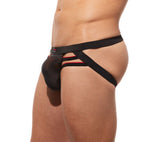 Close side profile of the red Rise Up jockstrap highlighting the side strap attachment