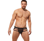 Full rear view of the red Rise Up jockstrap on a model