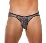 Close up of navy blue Outline briefs with black contrast piping and logo waistband