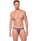 Front view of a model wearing the red Outline briefs