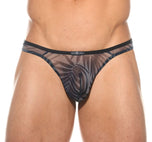 Close up of navy blue Outline thong with black contrast piping and contoured pouch