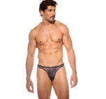 Front view of a model wearing the navy blue Outline thong