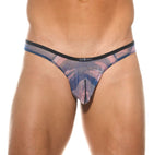 Close up of pink Outline thong with black contrast piping and contoured pouch