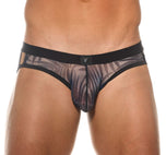 Close up of navy Outline Briefs 2 showing the redesigned contrast piping and ergonomic pouch