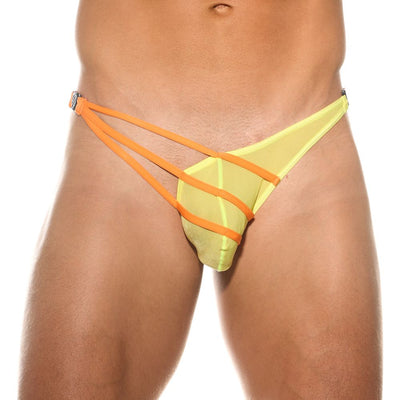 Close up of yellow Slingshot thong showing the lifting pouch and vibrant  fabric
