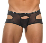 Close up of black Gamer boxer briefs showing the logo waistband and fabric texture