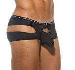 Close side profile of the black Gamer boxer briefs highlighting the leg fit