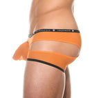 Close side profile of the orange Gamer boxer briefs highlighting the leg fit