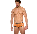 Front view of a model wearing the orange Gamer boxer briefs
