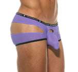 Close side profile of the purple Gamer boxer briefs highlighting the leg fit
