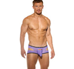 Front view of a model wearing the purple Gamer boxer briefs