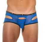 Close up of royal blue Gamer boxer briefs showing the logo waistband and fabric texture