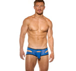 Front view of a model wearing the royal blue Gamer boxer briefs