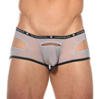 Close up of silver Gamer boxer briefs showing the logo waistband and fabric texture