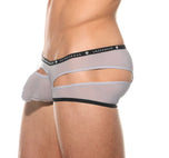 Close side profile of the silver Gamer boxer briefs highlighting the leg fit