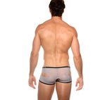 Full rear view of the silver Gamer boxer briefs on a model
