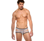 Front view of a model wearing the silver Gamer boxer briefs