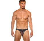 Front view of a model wearing the silver Magnet jockstrap