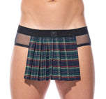 Close up of navy Kinkilt briefs showing the signature pleated front panel and logo waistband