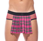 Close up of pink Kinkilt briefs showing the signature pleated front panel and logo waistband