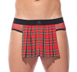 Close up of red Kinkilt briefs showing the signature pleated front panel and logo waistband