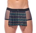 Close up of navy Kinkilt boxer briefs showing the pleated front panel and waistband