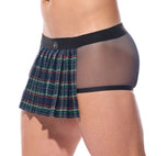 Close side profile of the navy Kinkilt boxer briefs highlighting the leg length and fit