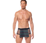 Front view of a model wearing the navy Kinkilt boxer briefs