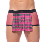 Close up of pink Kinkilt boxer briefs showing the pleated front panel and waistband