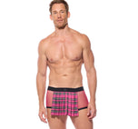 Front view of a model wearing the pink Kinkilt boxer briefs