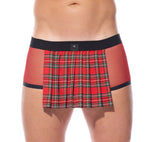Close up of red Kinkilt boxer briefs showing the pleated front panel and waistband