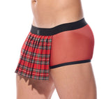 Close side profile of the red Kinkilt boxer briefs highlighting the leg length and fit