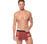Front view of a model wearing the red Kinkilt boxer briefs