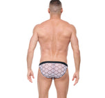 Full rear view of the white Kisser briefs on a model