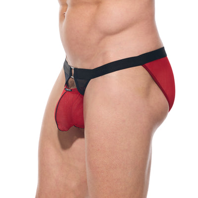 Close side profile of the red Kisser briefs highlighting the hip fit