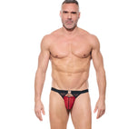 Front view of a model wearing the red Kisser briefs