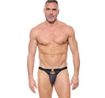 Front view of a model wearing the navy Kisser briefs