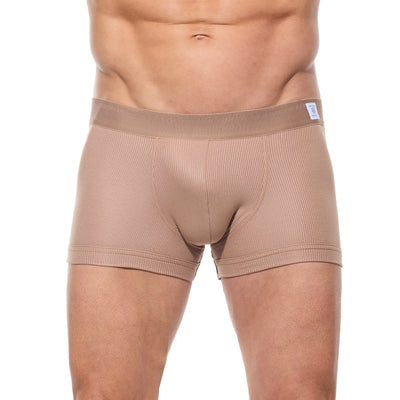 Close up of oak Strata boxer briefs showing the layered fabric design and ergonomic pouch