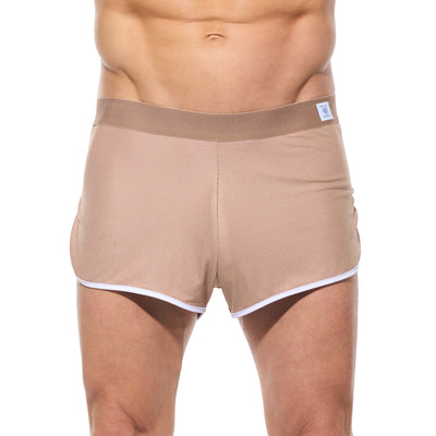 Close up of oak Strata shorts showing the drawstring waistband and layered fabric texture