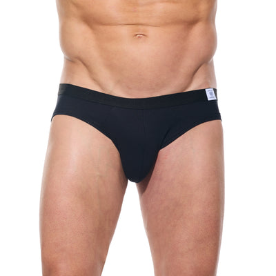 Close up of black Strata Briefs 2 showing the layered pouch and  waistband logo