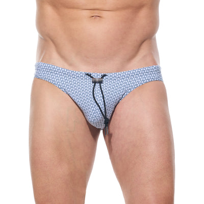 Close up of white Blueswim briefs showing the pouch and quick-dry fabric